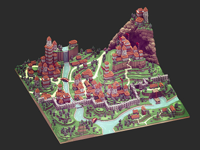 The Long River 3d castle fantasy illustration isometric medieval pixel pixelart village voxel voxelart