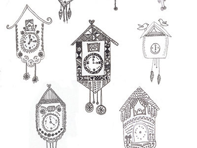 Cuckoo Sketches black and white cuckoo clocks drawing illustration pattern sketches