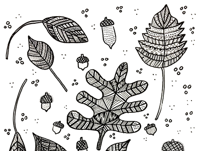 Crazy Leaves black and white doodle drawing fall inktober leaves pattern