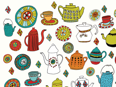 Tea Time color digital illustration pattern retro tea party teapots