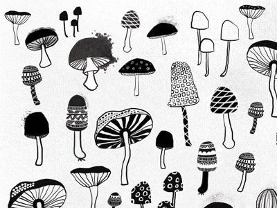 Crazy Mushrooms black and white daily doodle drawing illustration mushrooms pattern