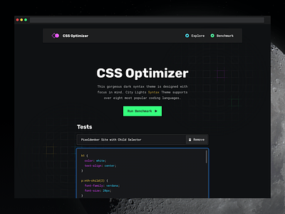 CSS Optimizer bar benchmark chart dark dark theme dashboard developer tool development graph minimal user interface night night theme