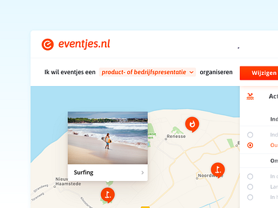 Eventjes — Find an activity near you app workflow clean white interface dropdown filters map pointer outdoor activity search textual search user interface elements webapp