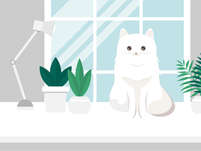 Сute white cat sits near the window next to flowers in pots. design graphic design illustration