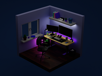 3D Work From Home Room At Night 3d 3d room design gaming room graphic design illustration night night room night setup pc room room design setup work room