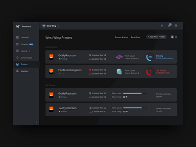 Dashboard Dark Ui 3d printing dark dark ui dashboard formlabs icon infographic menu nav bar progress side nav ux web app