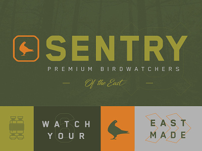 Sentry Birdwatching Club all caps bird east green hunting icon lockup logo orange script type woods