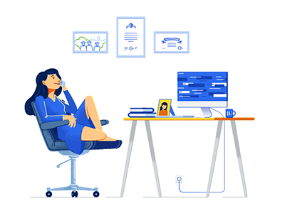 Job search character computer desk happy illustration phone vector woman work