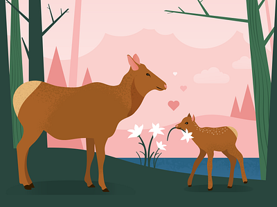 Elk family bambi colorado deer elk elk baby elk family flowers illustration lilies mothers day card mothersday nature scene woods