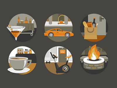 Marriott Atypical Amenities coffee firepit geometric groceries hotel icons infographic martini vector illustrations