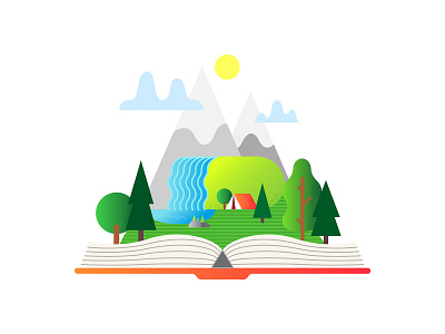 Мountain landscape in an open book adobe illustrator adventure art book camp camping cartoon design flat forest graphic icon illustration landscape logo read reading travel vector waterfall