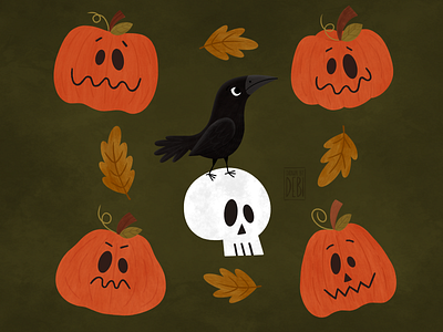 Halloween Autumn Illustration crow halloween halloween clipart halloween illustration pumpkins skull
