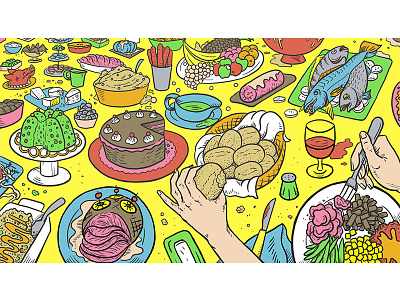 Hunger cartoon colorful digital drawing feast food illustration narratively quirky surreal