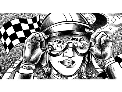 Drag Race black and white cars cartoon drawing illustration portrait quirky racing weird women