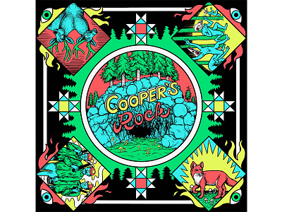 Cooper's Rock cartoon colorful digital art drawing hand lettering illustration quirky surreal textile textile design