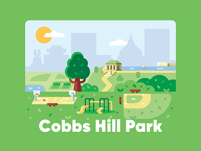Cobbs Hill Park baseball basketball bush flat geometric illustration outdoors park shapes simple skyline sports tree