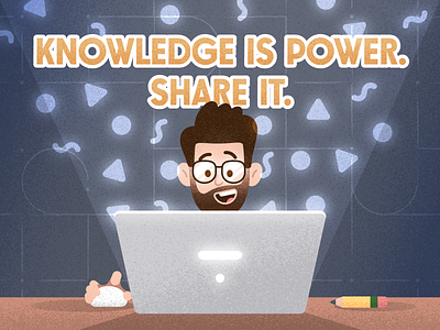 Knowledge is Power. Share it. beard character computer creative design face geometric glasses grainy grit illustration laptop man mezzotint mouse pencil texture thinking