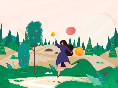 Girl in a magical landscape 2d character animation character character design concept design forest illustration landscape magic nature vector woman