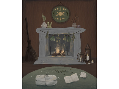 Fireplace bookillustration cozy fireplace forkids illustration kids magic magicplace postcard witch