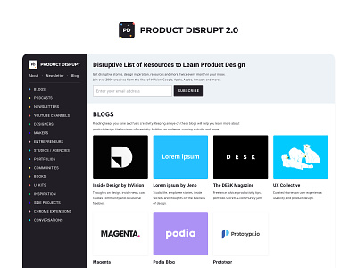 Introducing Product Disrupt 2.0 blog curation dashboard directory freebie gallery heebo indie inspiration newsletter product design resource tajaswal web design webflow website