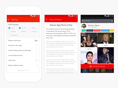 Samosa – Settings & More… android audios gifs material menu profile samosa settings social