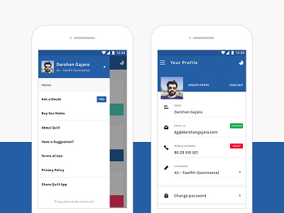 Quill App – User Profile android edtech education learning menu navigation quiz user profile
