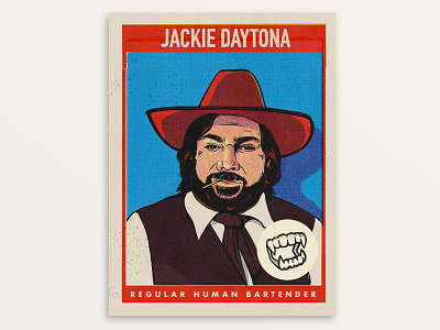 Jackie Daytona character character design color halftone digital art halftone human illustration jacket lazlo cravensworth procreate trading card tv show vampire what we do in the shadows