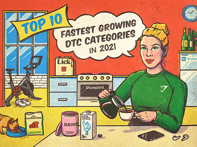Top 10 Fastest Growing DTC Categories in 2021 blog blog banner blog illustration blog post character halftone illustration retro texture vintage