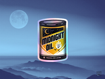Midnight Oil, Holographic Sticker art can design digital art drawing halftone holographic illustration label design mascot oil can packaging procreate retro sticker texture typography vintage