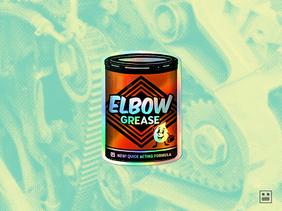 Elbow Grease, Holographic Sticker art background design digital art drawing halftone holographic illustration mascot oil can packaging procreate retro sticker texture typography vintage