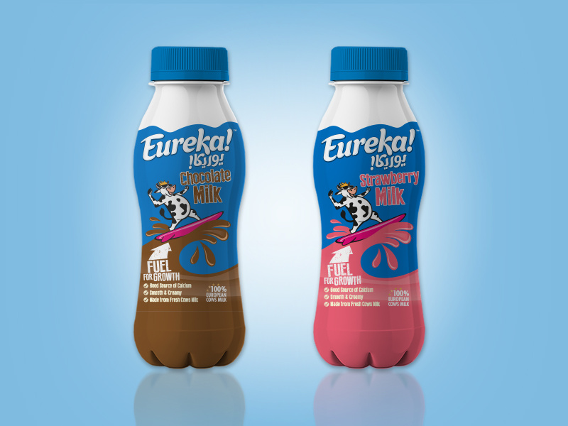 Eureka! Dairy Drinks logo type arabic type milkshake strawberry chocolate branding illustrations arabic lettering logo design creative