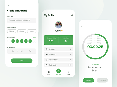 Routine App - Habit Builder mobile app profile settings stopwatch timer