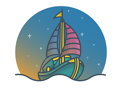 Sailing in the Night boat challenge icon illustration minimal night sail sea ui vector