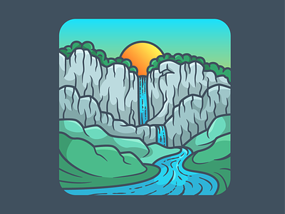 Waterfall adventure cliff cliffs design icon illustration minimal mountain nature sunset illustration vector waterfall