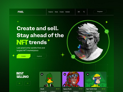 NFT marketplace Pixel art clean creative crypto design exploration green market place metaverse new nft store ui uidesign uiux wallet web webdesign website