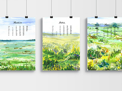 Spring time calendar fine art gouache illustration landscape nature painting spring