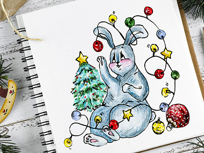 Christmas bunny christmas christmas bunny cute animals fine art gouache illustration new year winter illustration