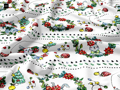 Christmas bunnies as a pattern on fabric christmas christmas bunny cute animals design fabric pattern design fine art gouache illustration