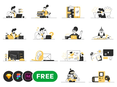 Whoooa! 20 FREE customizable vector illustrations adobe xd character design figma free freebie freebies illustration illustrations minimal set sketch vector whoooa