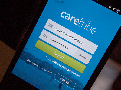 CareTribe Log In background blue branding button cta field form green health healthy interface iphone log in design logo mock up photo ui ux white