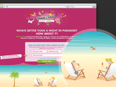 Daddy's Deals Contest Page beach contest daddys deals illustration landing page web web design