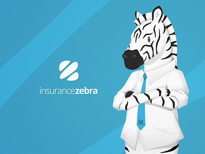 InsuranceZebra Mascot background blue brand branding design handsome illustration insurnace logo smile stripe tie white wordmark zebra