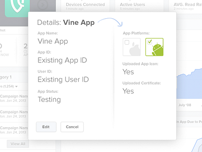 Element Wave App Details Modal charts clean graphs handsome modal overlay push notification push notifications startup startups ui user interface