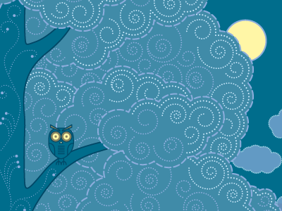 Fairytale illustration wip1 blue detail fairytale forest illustration moon night owl spiral tree vector woods yellow