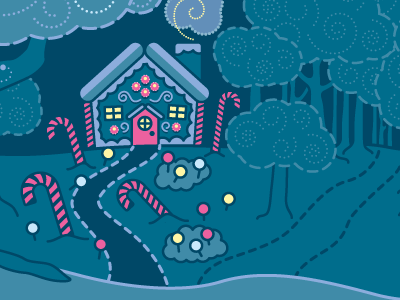 Fairytale illustration wip2 blue candy candycane detail fairytale forest gingerbread gretel hansel house illustration night pink spiral tree vector woods yellow