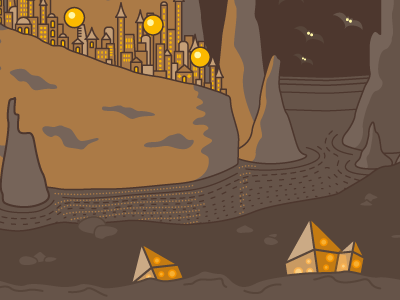 Fairytale illustration wip3 bats brown cave city crystals detail fairytale gemstones illustration lake lines orange orbs poster stalactite stalagmite towers underground vector warm water