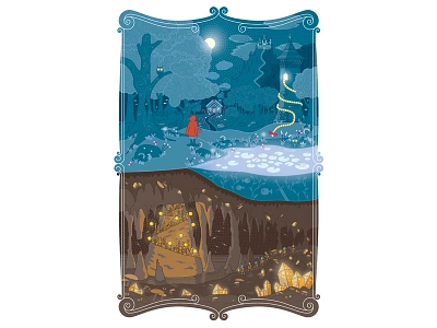 Fairytale poster bats brown cave city crystals fairytale forest gemstones illustration lake lines moon moonlight night orange orbs owl pond poster rapunzel redridinghood stalactite stalagmite towers trees underground vector warm water