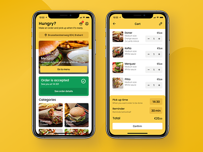 Food Ordering App - Main and Cart Screens app application cart design feed food app food ordering app interface list notification ui ux