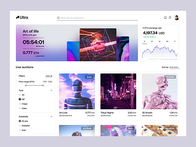 Ultra – NFT Marketplace app application bitcoin blockchain branding crypto currency dashboard de fi defi design etherium fintech interface marketplace nft token ui unikorns ux