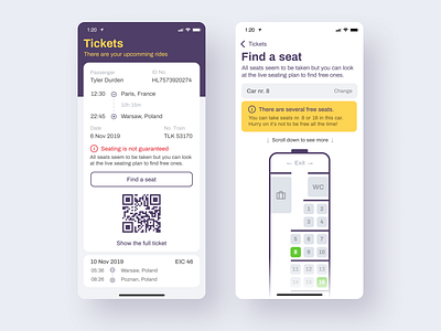 Seat Finder - Style exploration. Light Version. app application card design interface plan ticket train transport ui ux